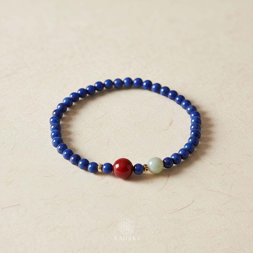 KAGAKI lapis lazuli beaded bracelet in deep blue lapis with red agate and white jade, bead detail, for meditation and daily intention