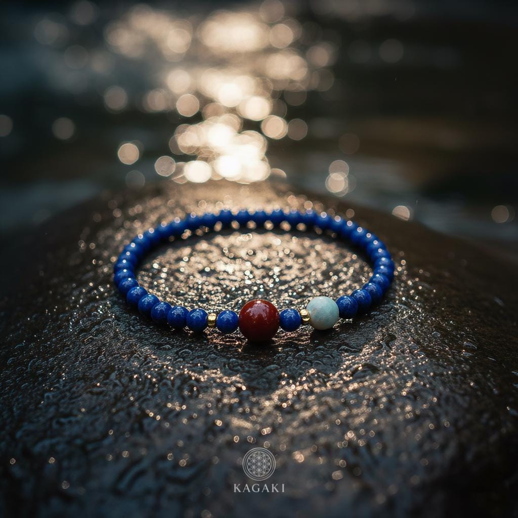 KAGAKI lapis lazuli beaded bracelet in deep blue lapis with red agate and white jade, flat lay, for meditation and daily intention