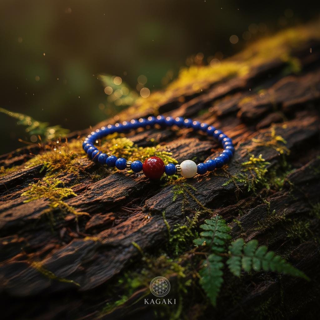 KAGAKI lapis lazuli beaded bracelet in deep blue lapis with red agate and white jade, gift packaging, for meditation and daily intention