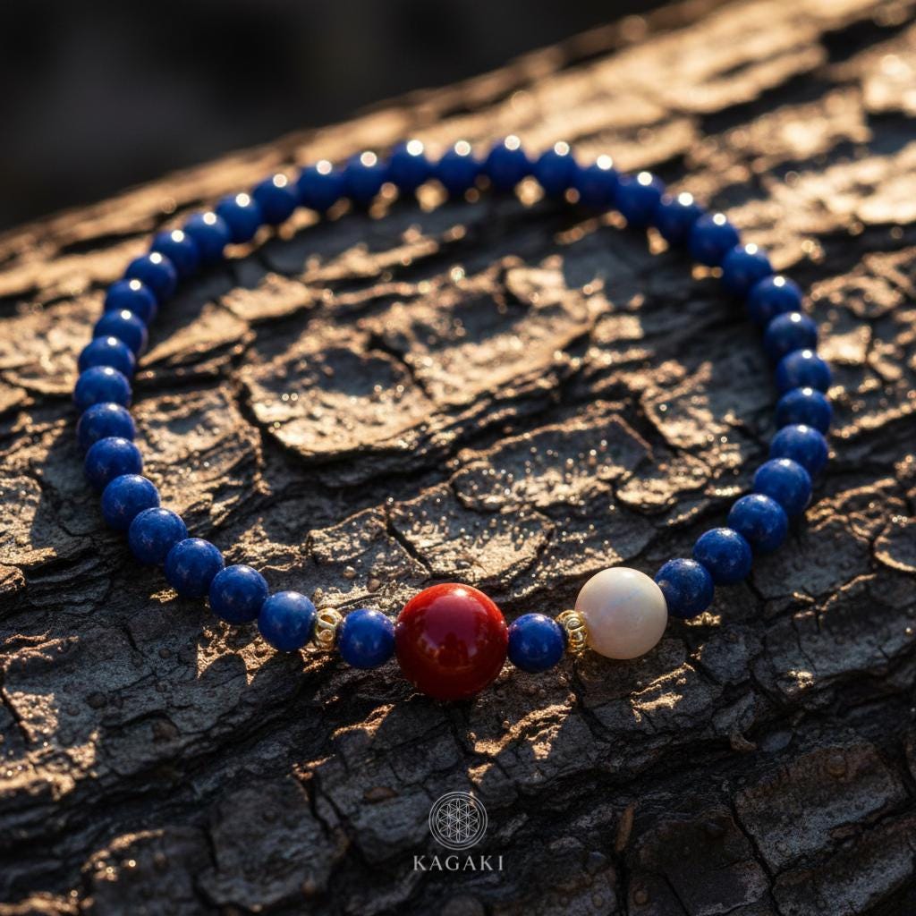 KAGAKI lapis lazuli beaded bracelet in deep blue lapis with red agate and white jade, main, for meditation and daily intention