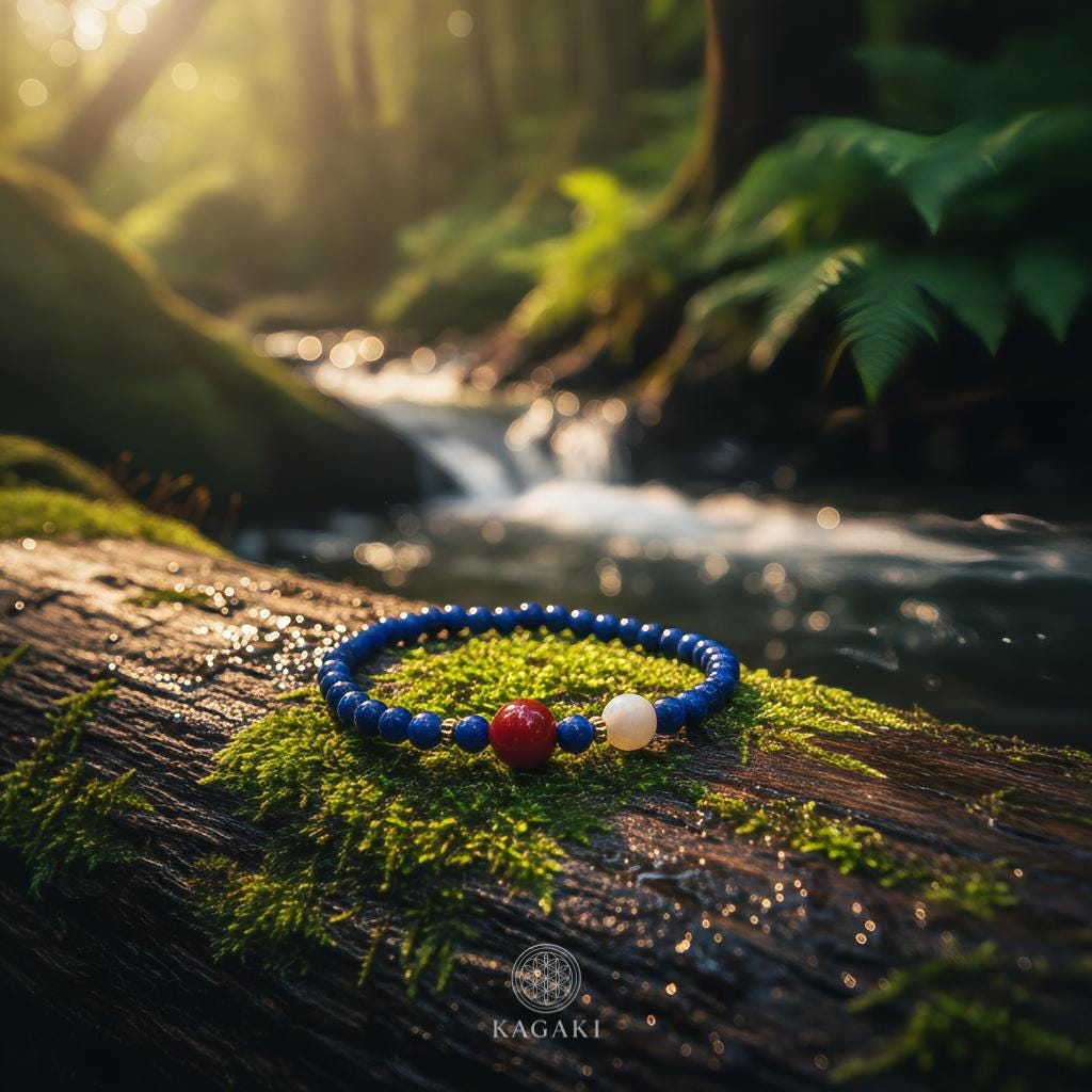 KAGAKI lapis lazuli beaded bracelet in deep blue lapis with red agate and white jade, on wrist, for meditation and daily intention