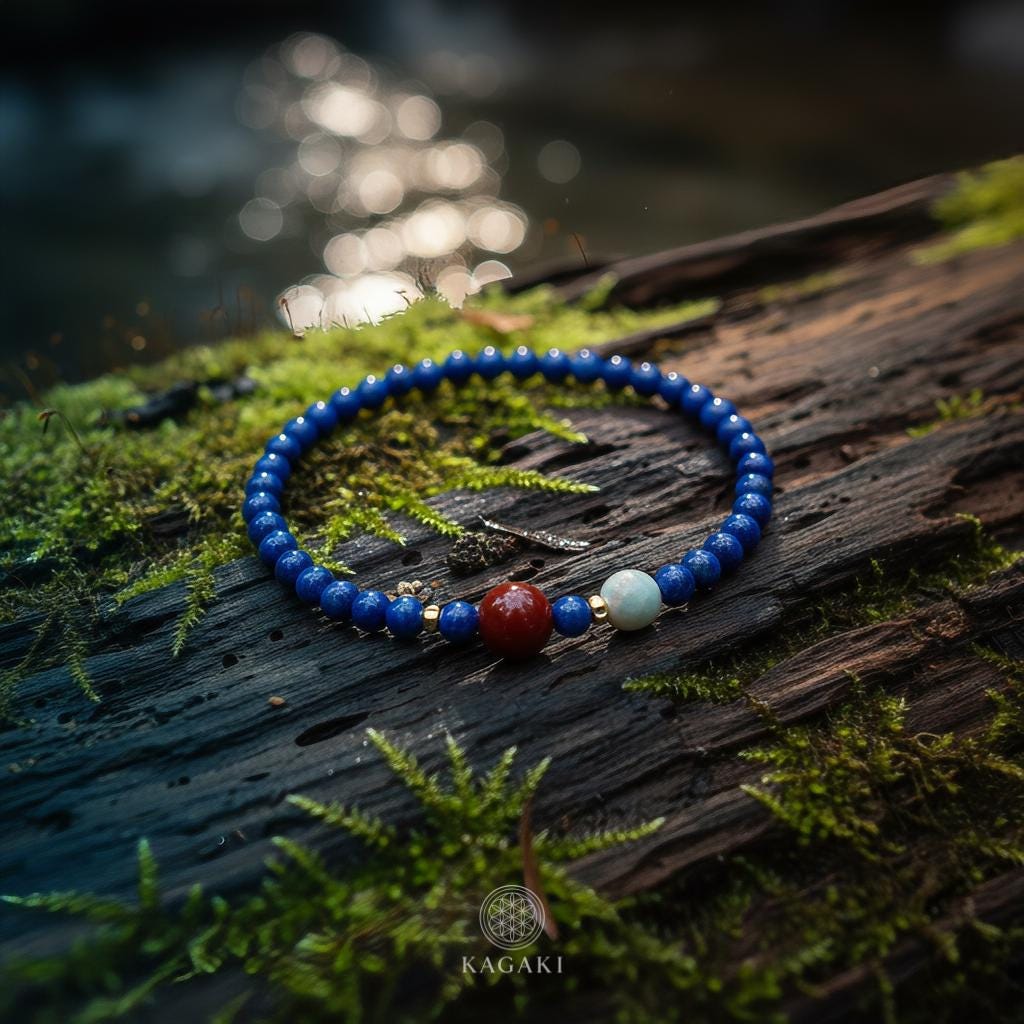 KAGAKI lapis lazuli beaded bracelet in deep blue lapis with red agate and white jade, scale on hand, for meditation and daily intention