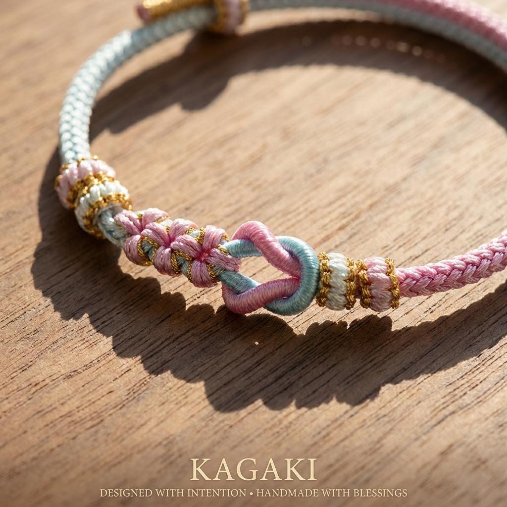 KAGAKI meditation friendship bracelet in pastel braided cord with floral knot, handmade gift packaging presentation, for daily intention and quiet connection