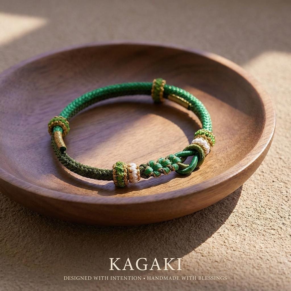 KAGAKI meditation friendship bracelet in pastel braided cord with floral knot, close-up handwoven knot detail, for daily intention and quiet connection