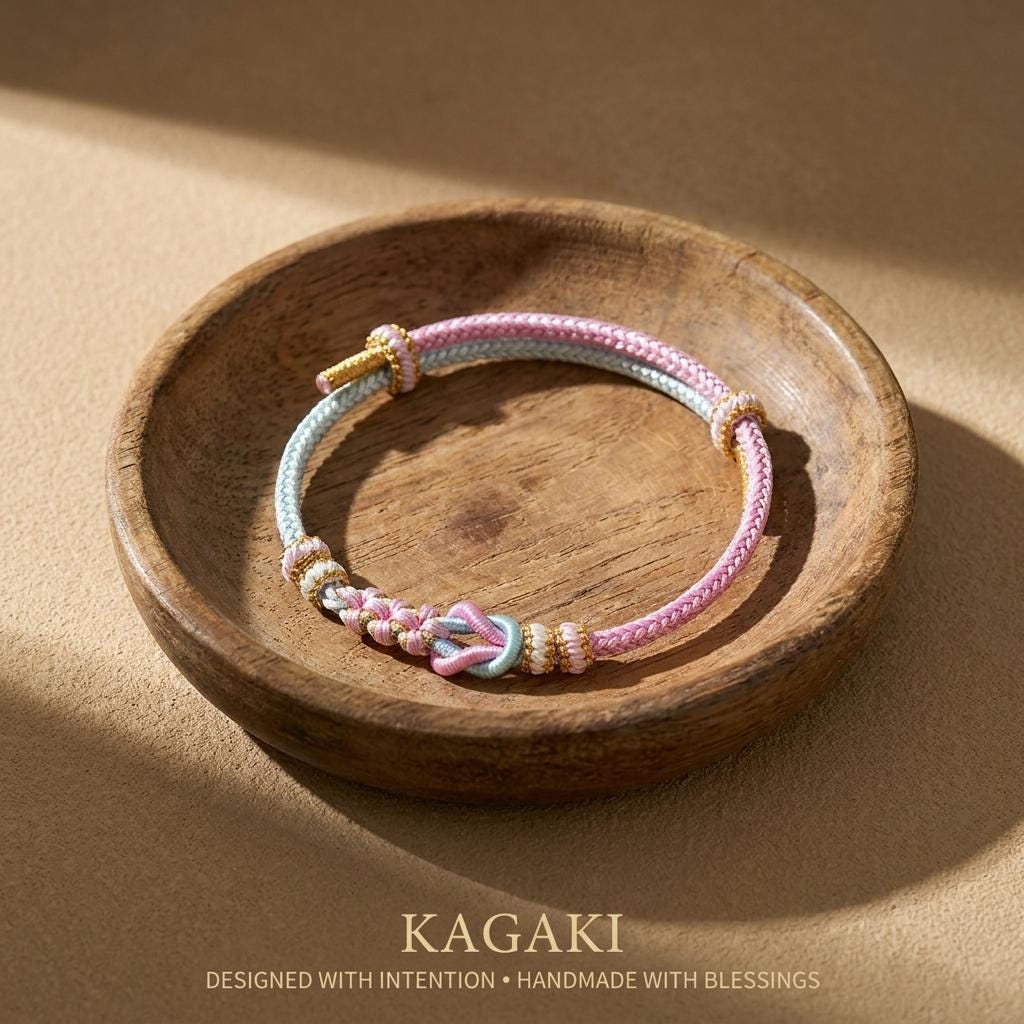 KAGAKI meditation friendship bracelet in pastel braided cord with floral knot, lifestyle on-wrist styling shot, for daily intention and quiet connection