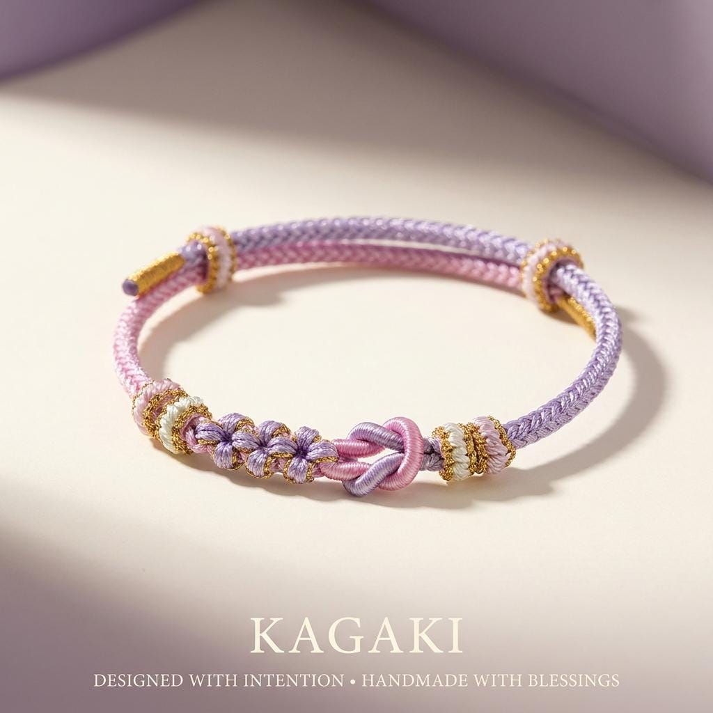 KAGAKI meditation friendship bracelet in pastel braided cord with floral knot, color variation showcase, for daily intention and quiet connection