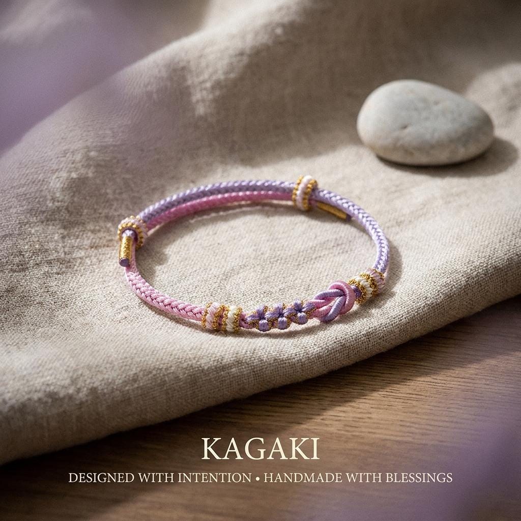 KAGAKI meditation friendship bracelet in pastel braided cord with floral knot, cord weave texture detail, for daily intention and quiet connection