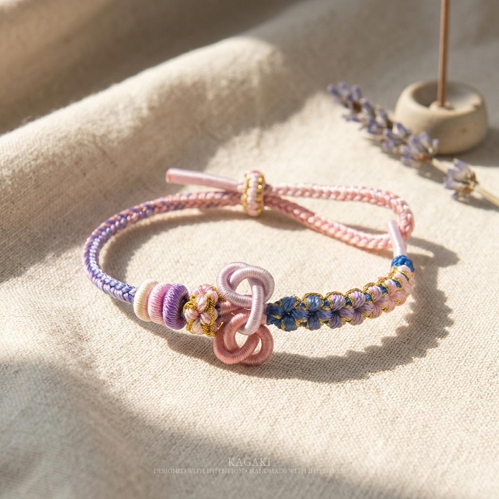 KAGAKI mindfulness cord bracelet in multicolor, alternate angle, for meditation and daily intention