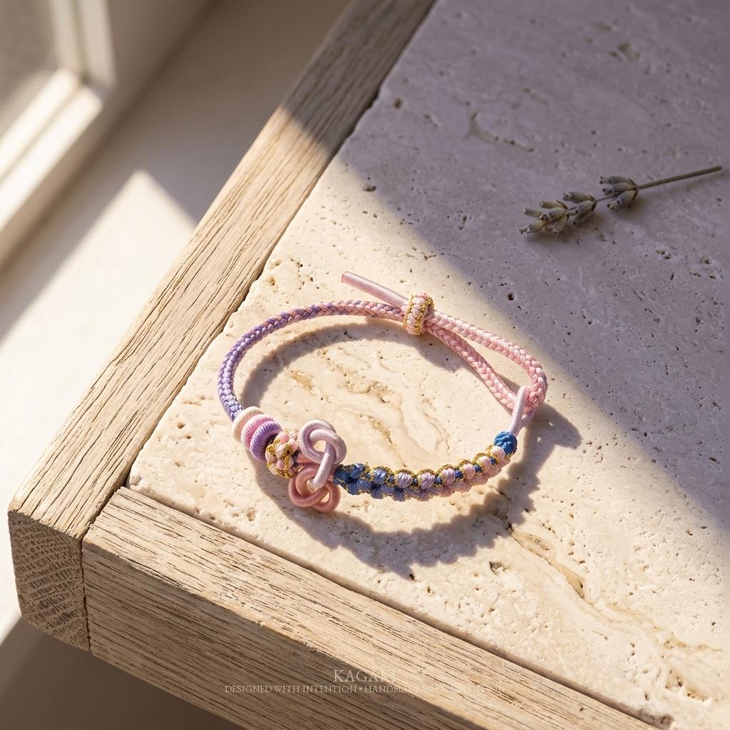 KAGAKI mindfulness cord bracelet in multicolor, on wrist, for meditation and daily intention