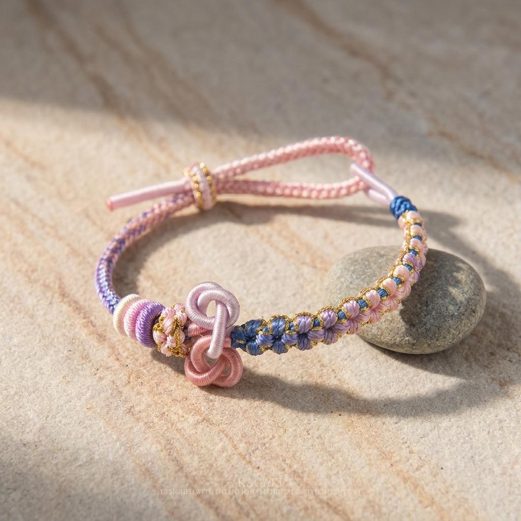 KAGAKI mindfulness cord bracelet in multicolor, variation showcase, for meditation and daily intention