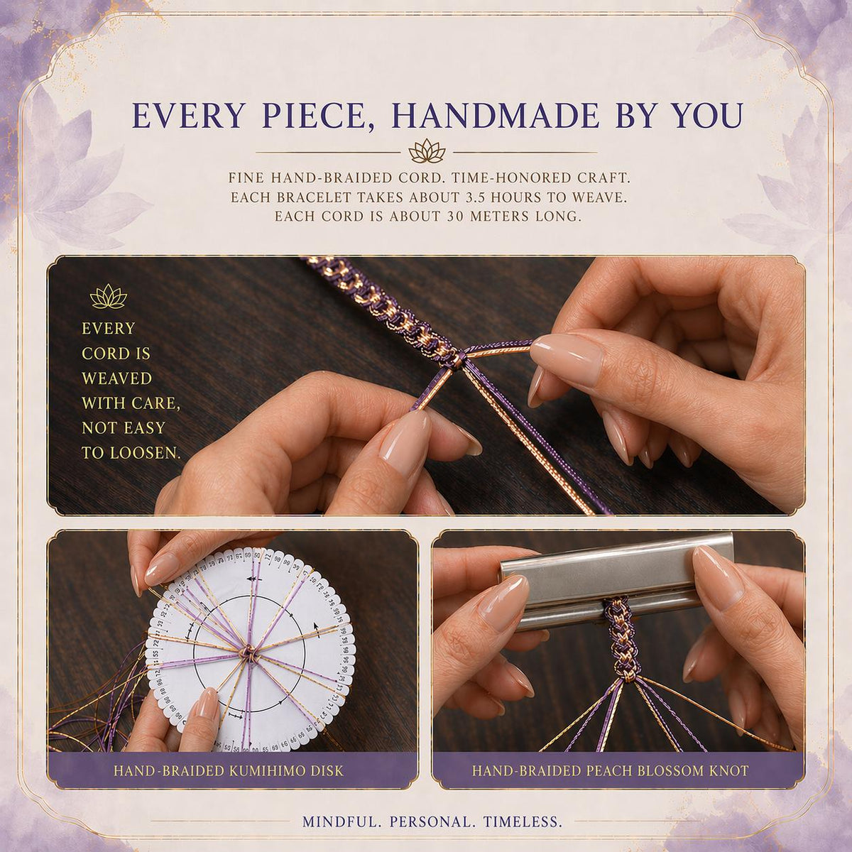 KAGAKI handmade cord bracelet — Tibetan Buddhist knot weave detail, braided cord craftsmanship