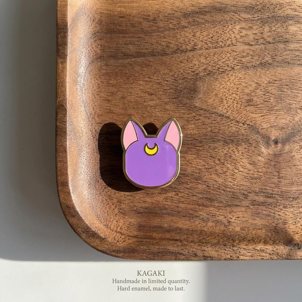 KAGAKI moon cat spiritual enamel pin in soft moonlight tones, alternate angle, for daily wear and gifting
