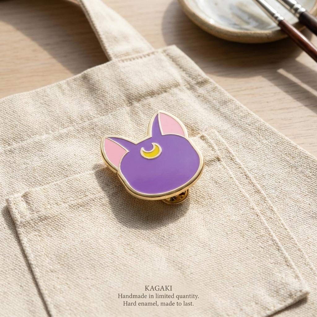 KAGAKI moon cat spiritual enamel pin in soft moonlight tones, back clasp, for daily wear and gifting