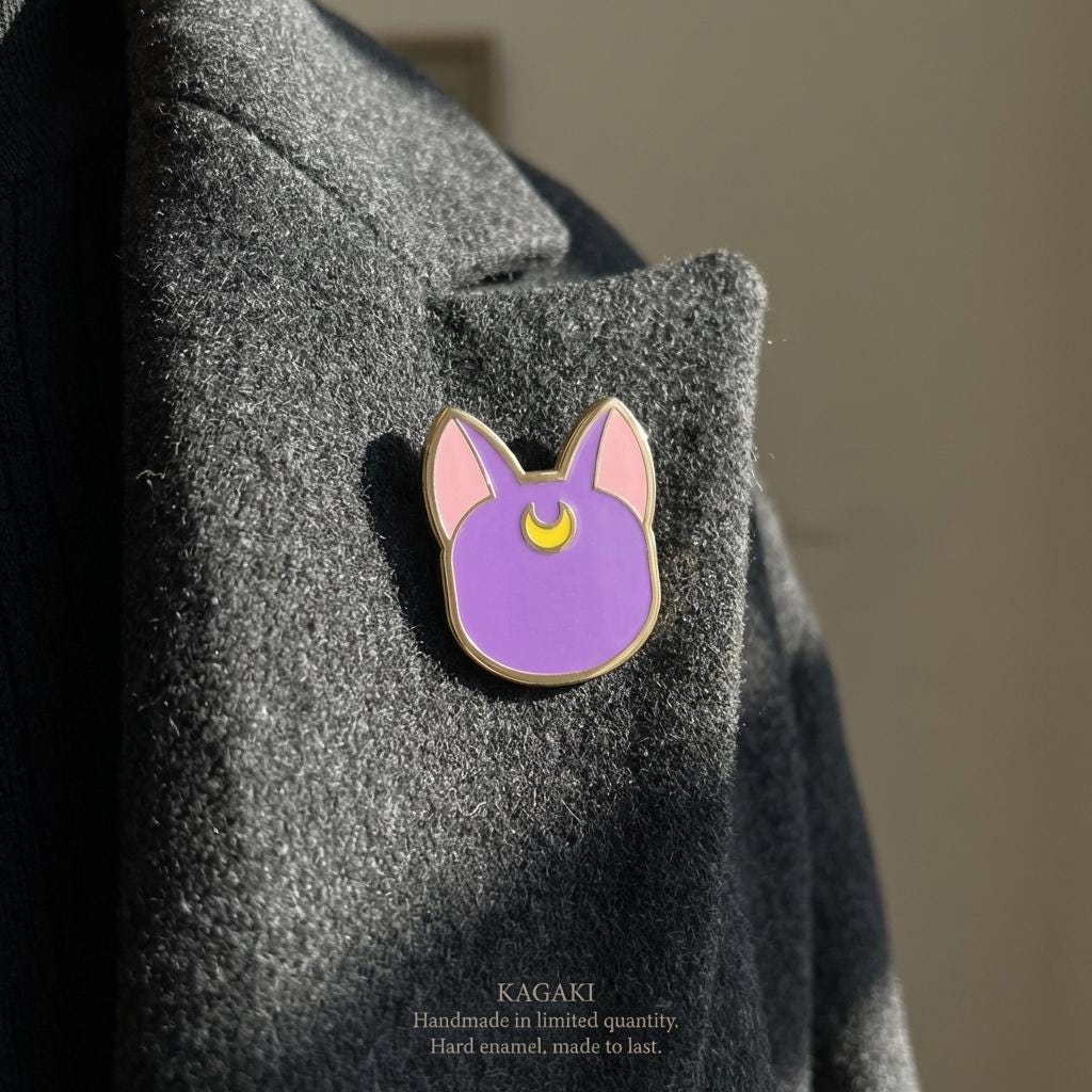 KAGAKI moon cat spiritual enamel pin in soft moonlight tones, close up, for daily wear and gifting