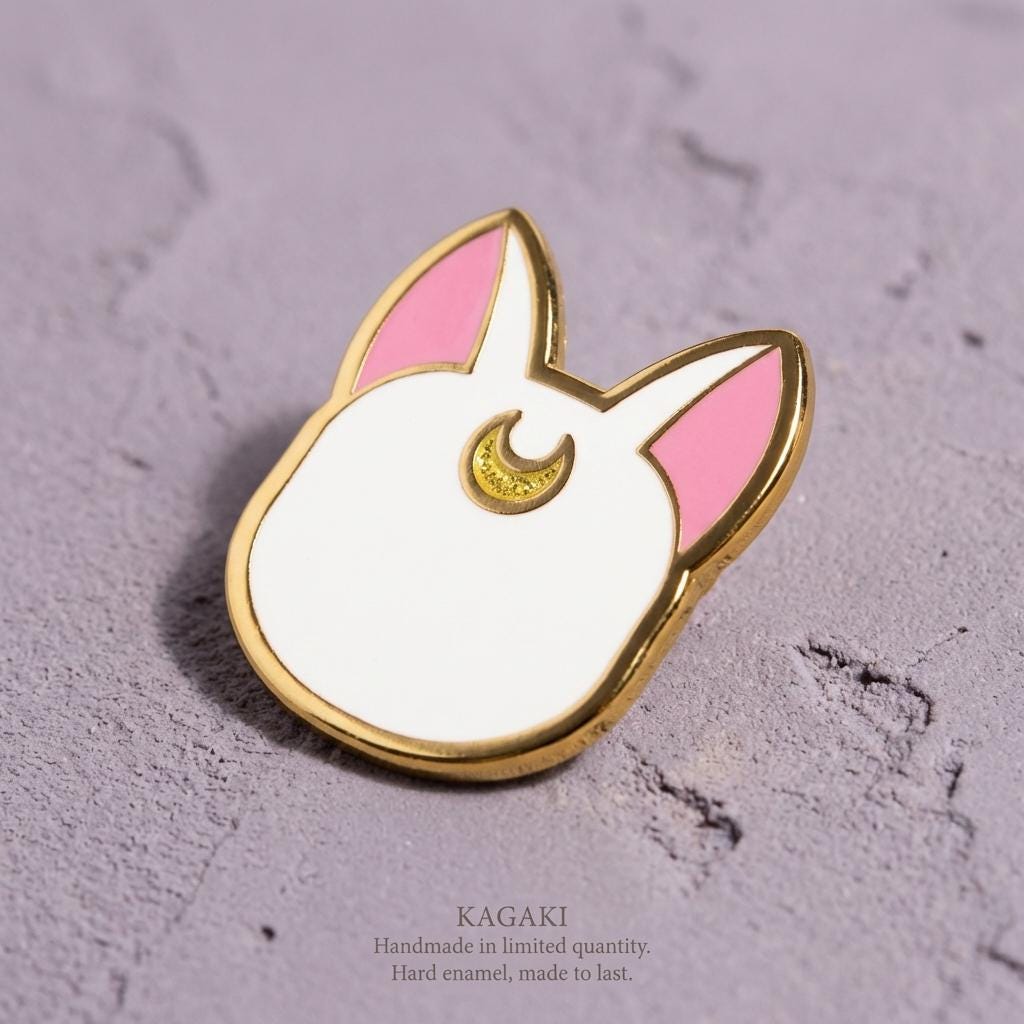 KAGAKI moon cat spiritual enamel pin in soft moonlight tones, detail, for daily wear and gifting