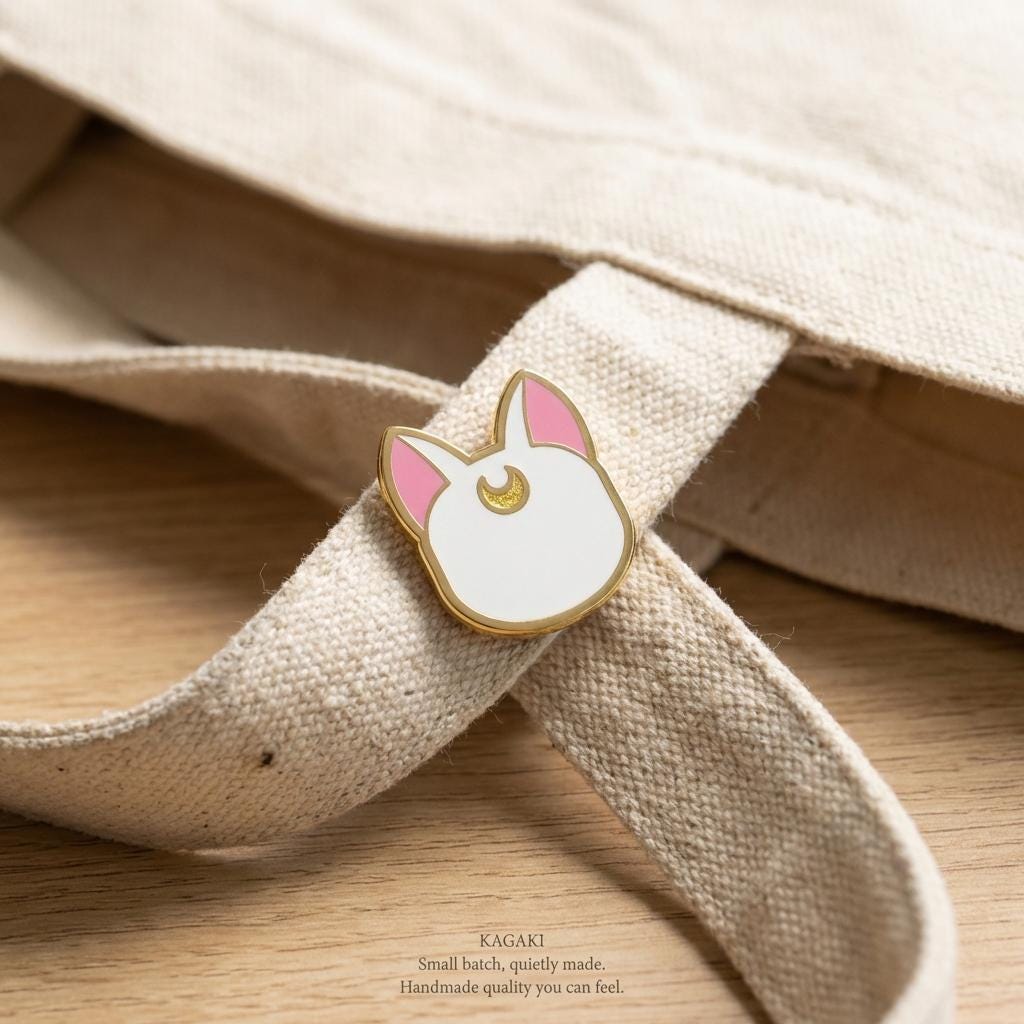 KAGAKI moon cat spiritual enamel pin in soft moonlight tones, flat lay, for daily wear and gifting
