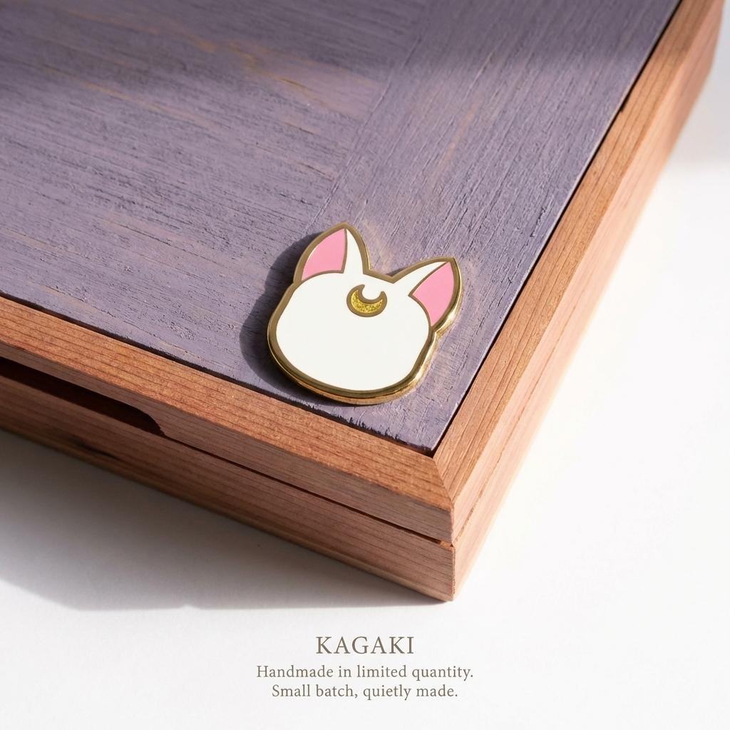 KAGAKI moon cat spiritual enamel pin in soft moonlight tones, styling, for daily wear and gifting