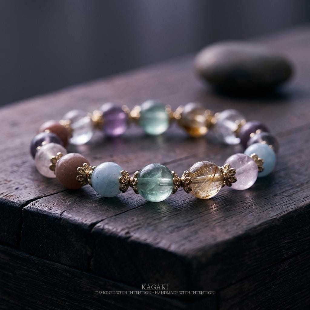 KAGAKI multi-gemstone crystal bracelet in multicolor crystal, alternate angle, for meditation and daily intention