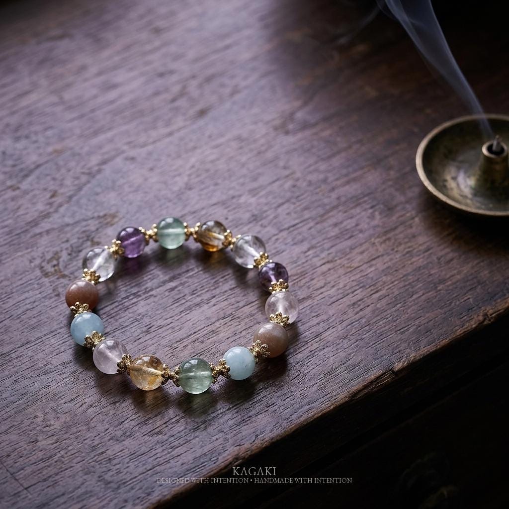 KAGAKI multi-gemstone crystal bracelet in multicolor crystal, bead detail, for meditation and daily intention