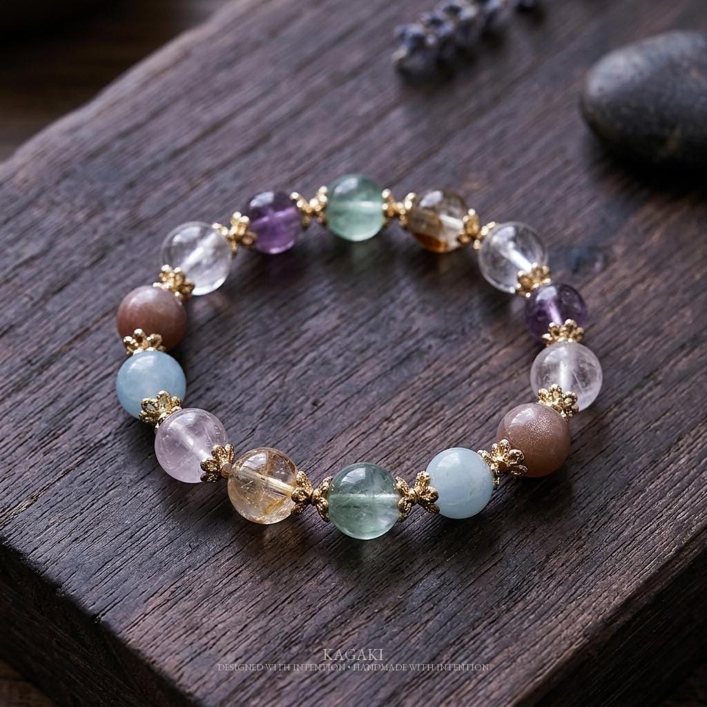 KAGAKI multi-gemstone crystal bracelet in multicolor crystal, flat lay, for meditation and daily intention