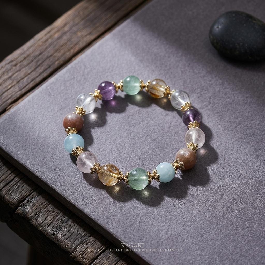 KAGAKI multi-gemstone crystal bracelet in multicolor crystal, on wrist, for meditation and daily intention