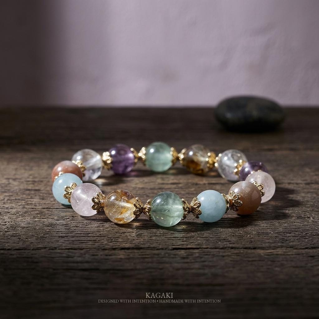 KAGAKI multi-gemstone crystal bracelet in multicolor crystal, scale on hand, for meditation and daily intention