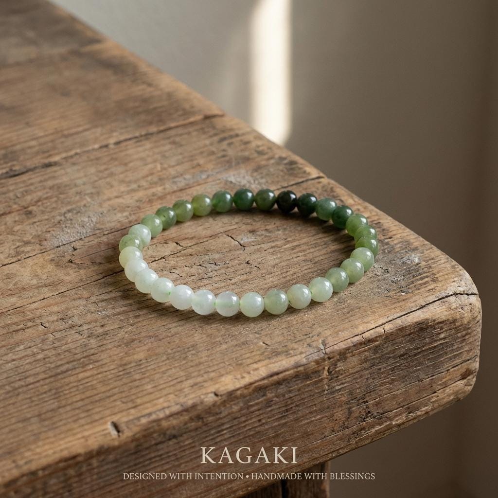 KAGAKI natural green jade beaded bracelet in gradient green jade, alternate angle, for meditation and daily intention