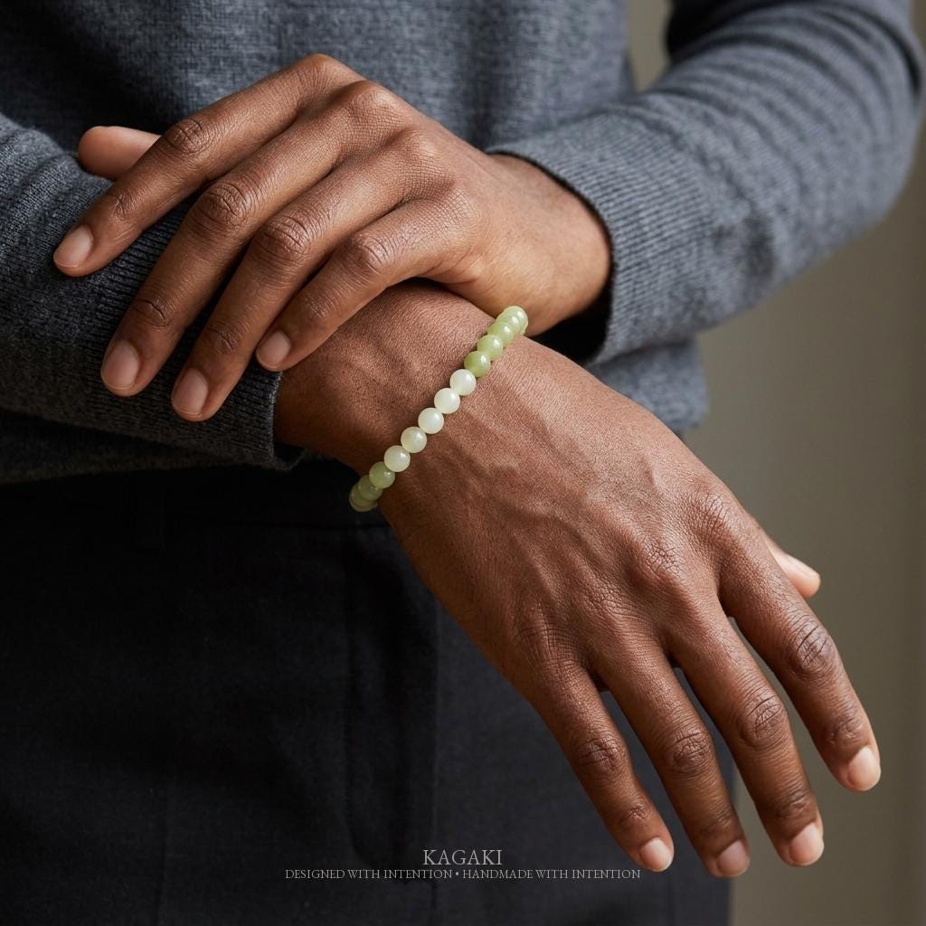 KAGAKI natural green jade beaded bracelet in gradient green jade, packaging detail, for meditation and daily intention