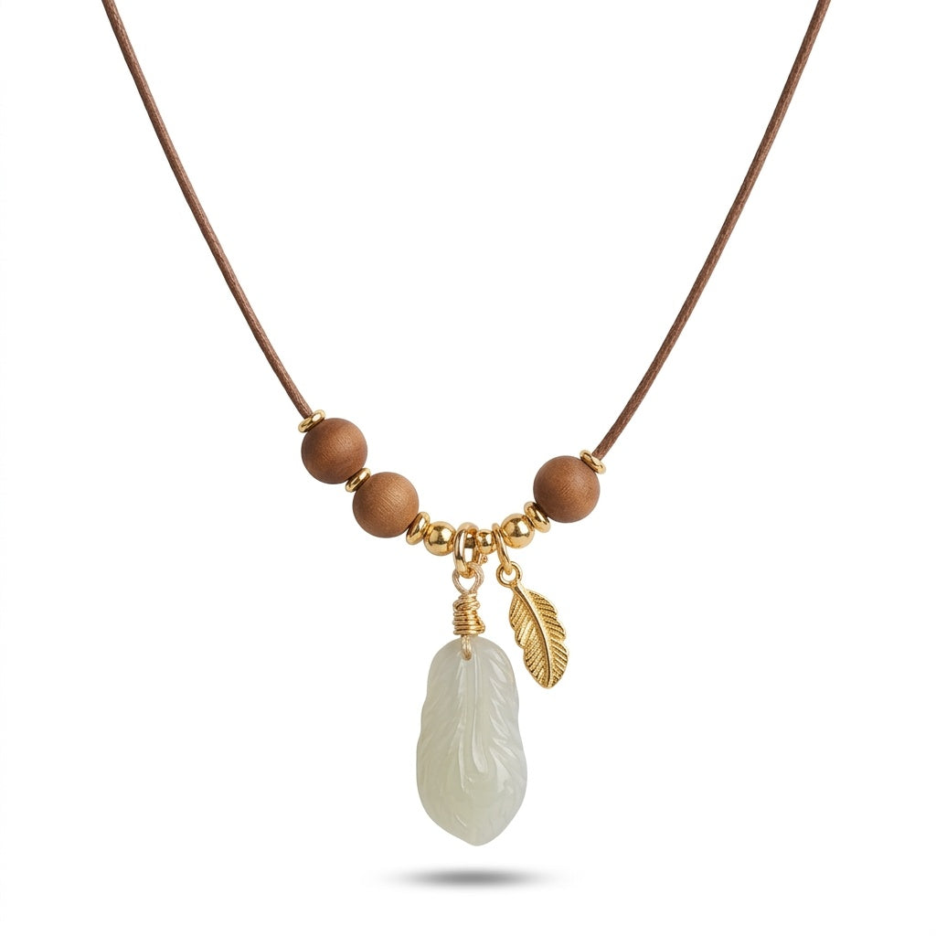 KAGAKI Plume green jade feather pendant sandalwood cord necklace, white background product view, handmade feather necklace