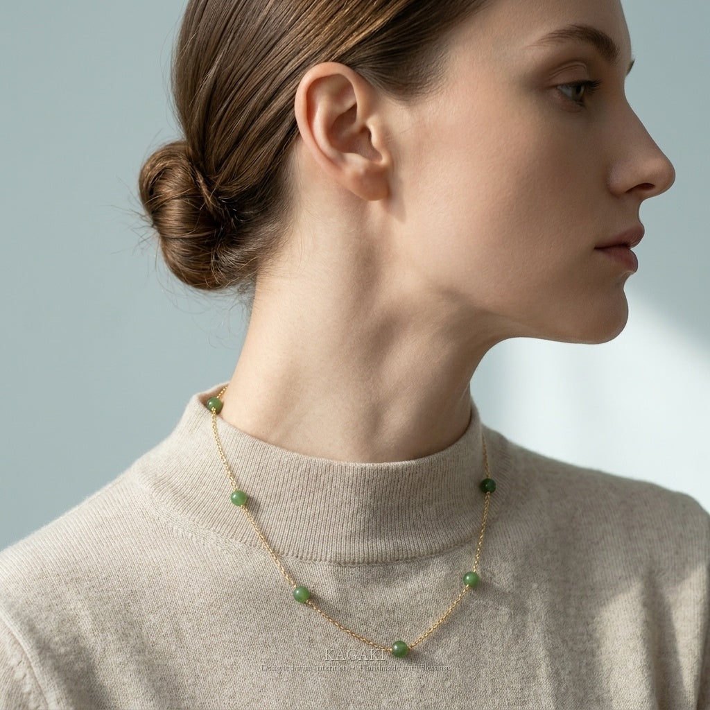 KAGAKI Dew green jade station gold chain necklace, worn view, handmade jade necklace