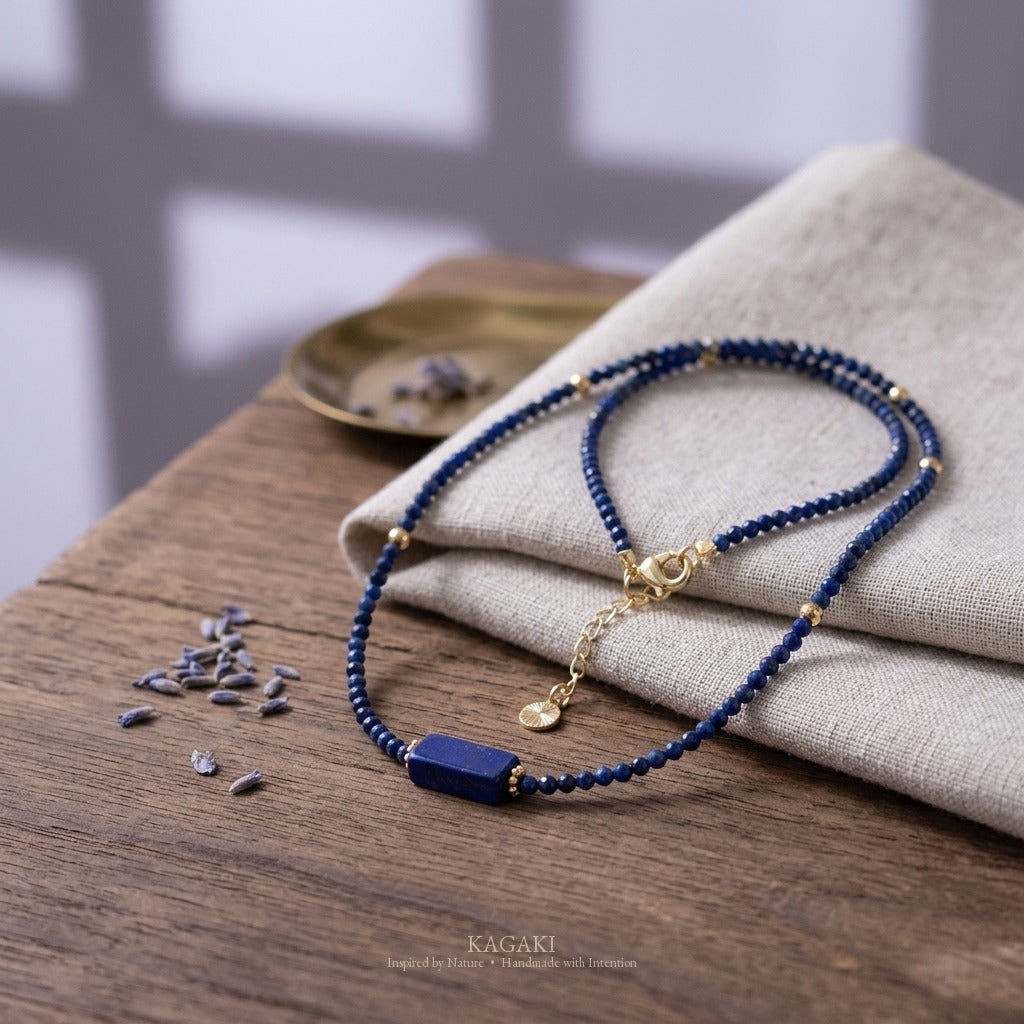 KAGAKI Indigo lapis lazuli beaded necklace, studio styled view, handmade lapis lazuli necklace