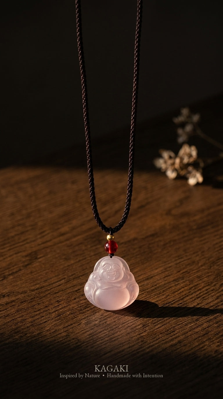 KAGAKI Serene lavender jade buddha pendant necklace, editorial vertical, handmade buddha necklace