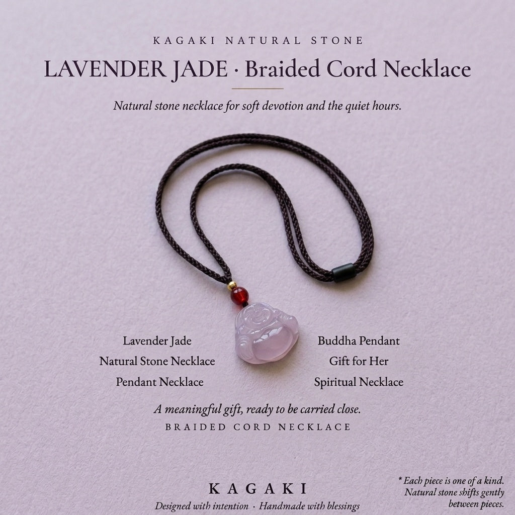 KAGAKI Serene lavender jade buddha pendant necklace, editorial text card, handmade buddha necklace