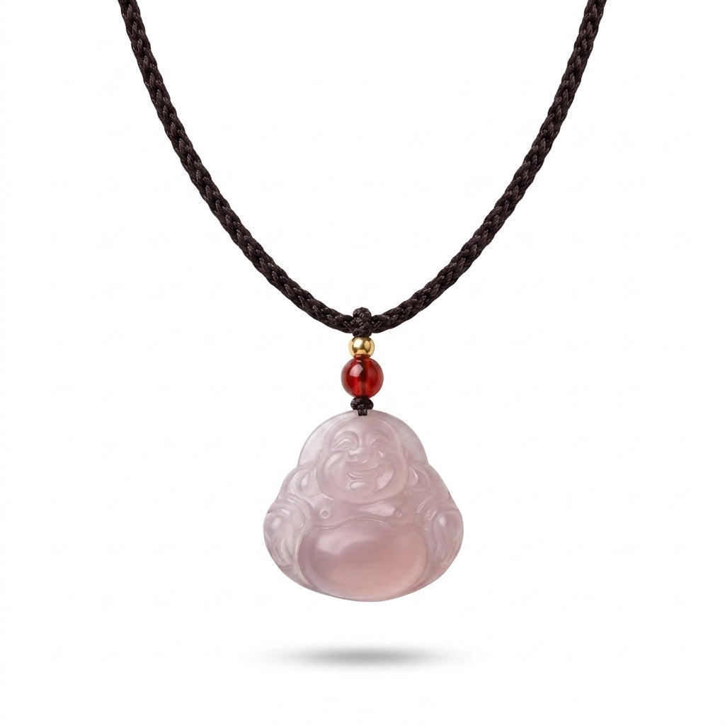 KAGAKI Serene lavender jade buddha pendant necklace, white background product view, handmade buddha necklace