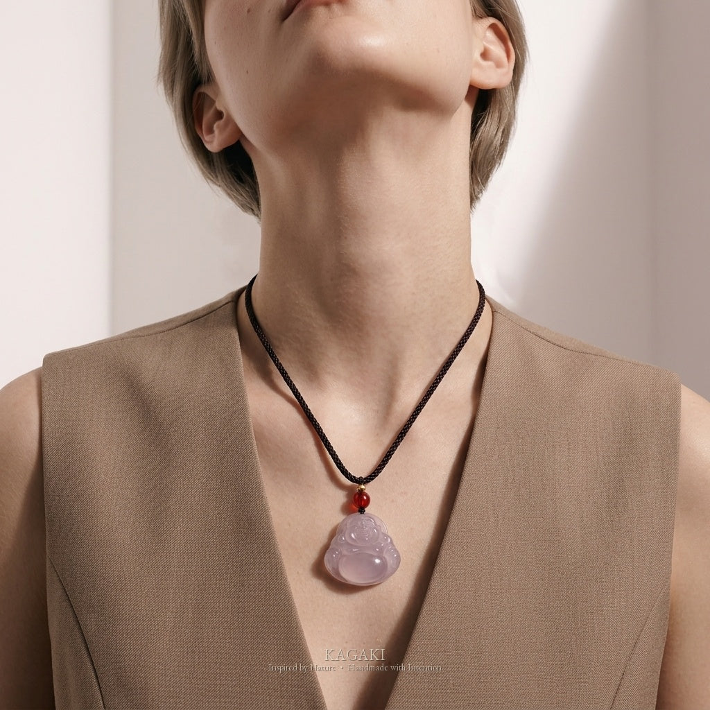KAGAKI Serene lavender jade buddha pendant necklace, worn view, handmade buddha necklace