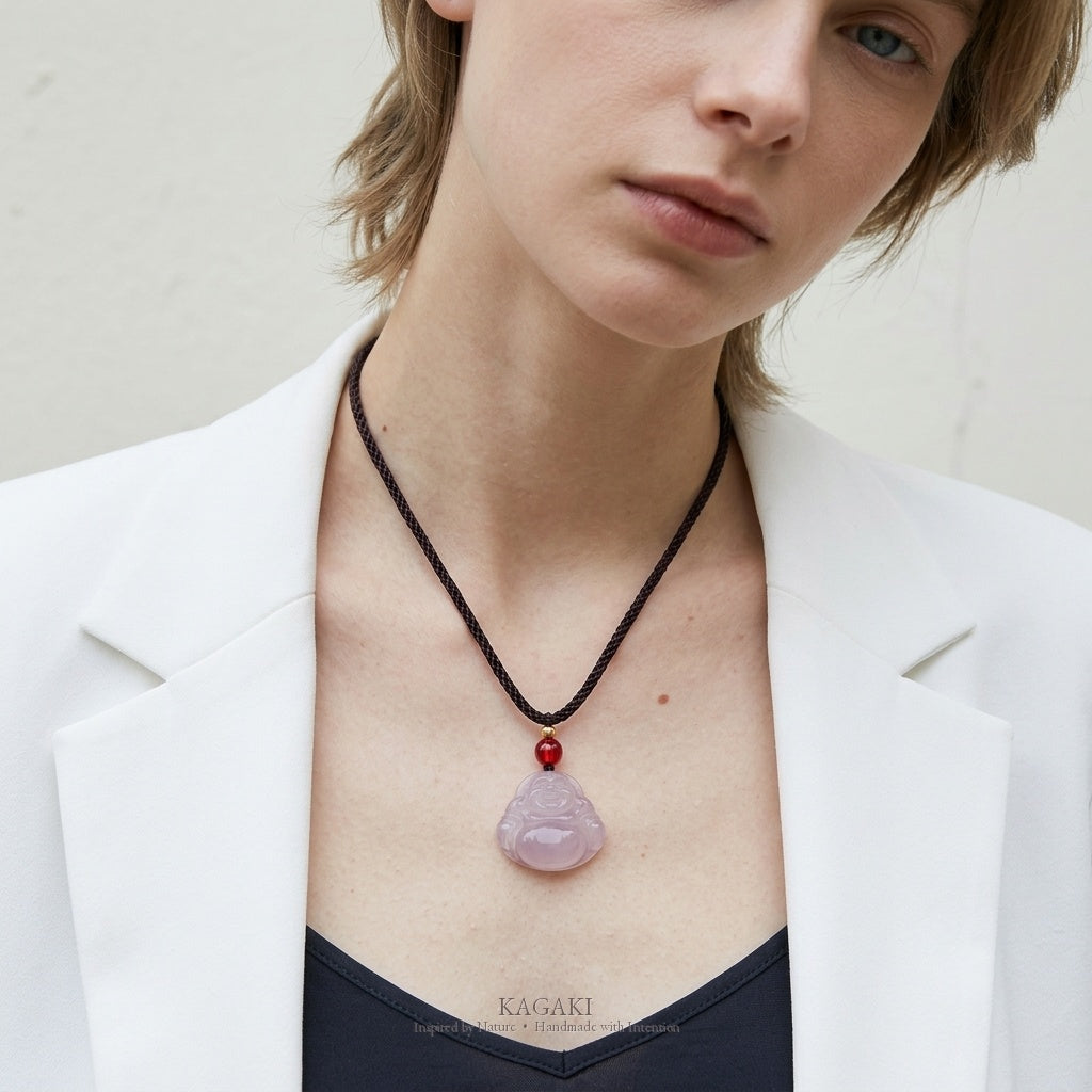 KAGAKI Serene lavender jade buddha pendant necklace, worn view, handmade buddha necklace