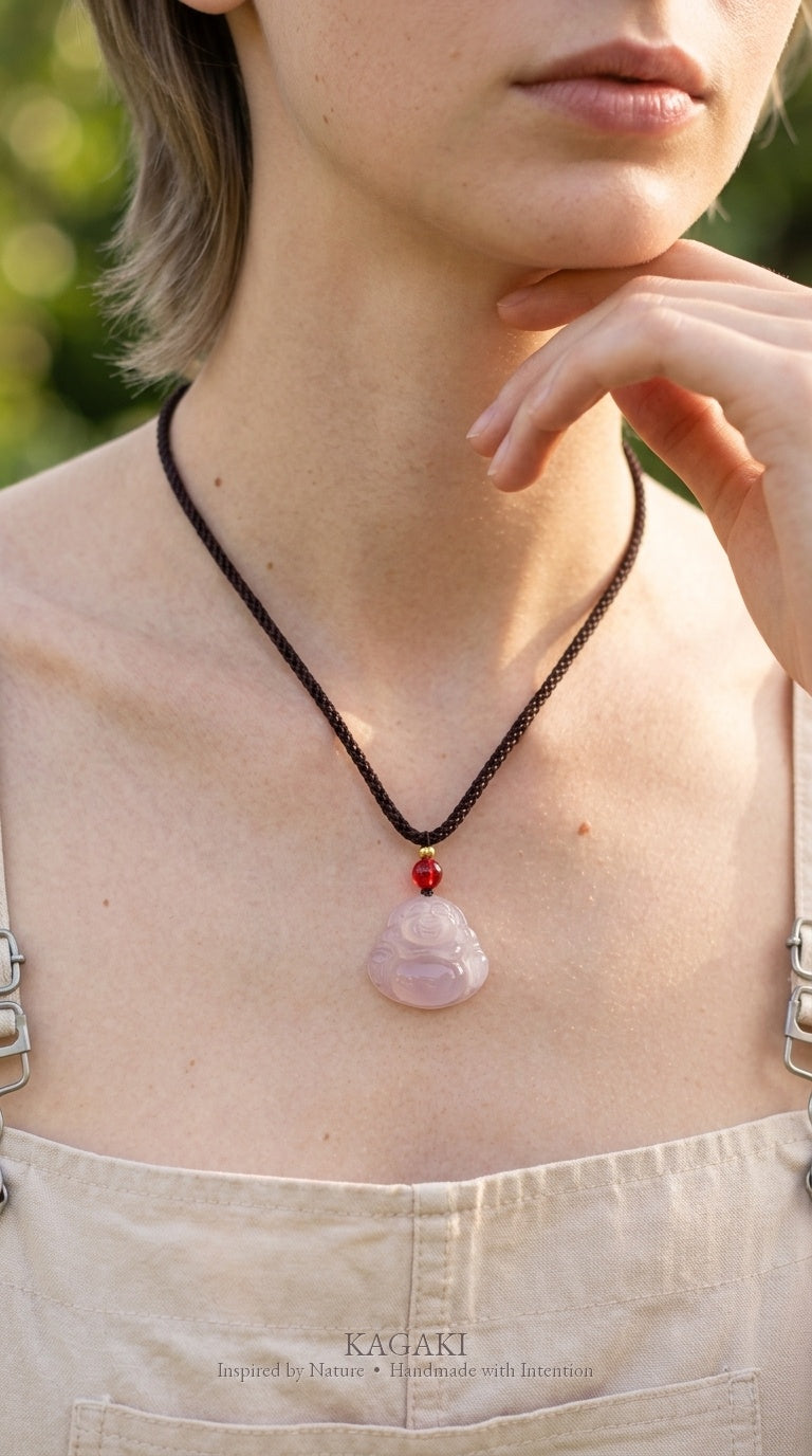 KAGAKI Serene lavender jade buddha pendant necklace, worn view, handmade buddha necklace