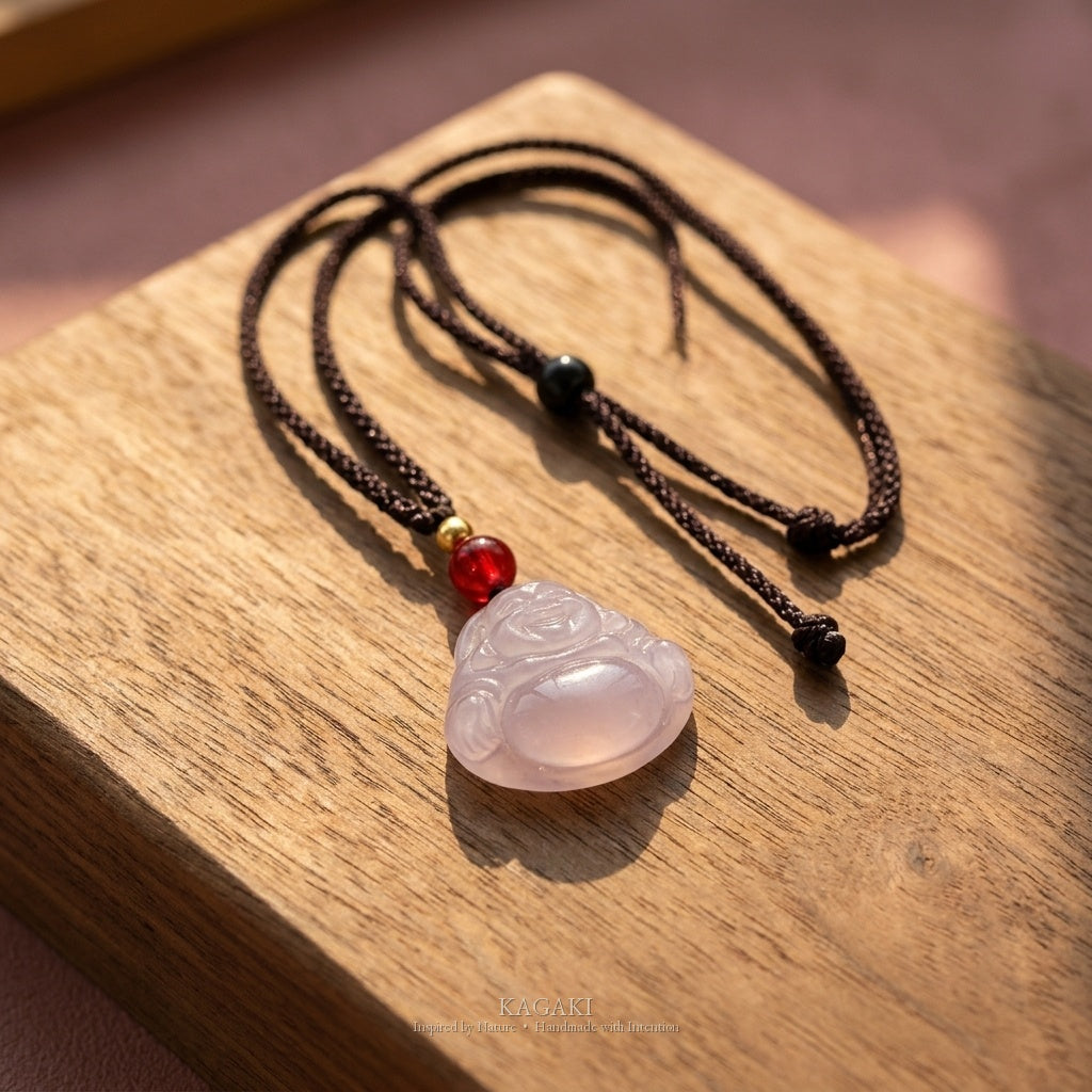 KAGAKI Serene lavender jade buddha pendant necklace, studio styled view, handmade buddha necklace