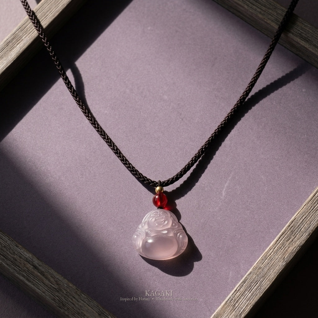 KAGAKI Serene lavender jade buddha pendant necklace, studio styled view, handmade buddha necklace