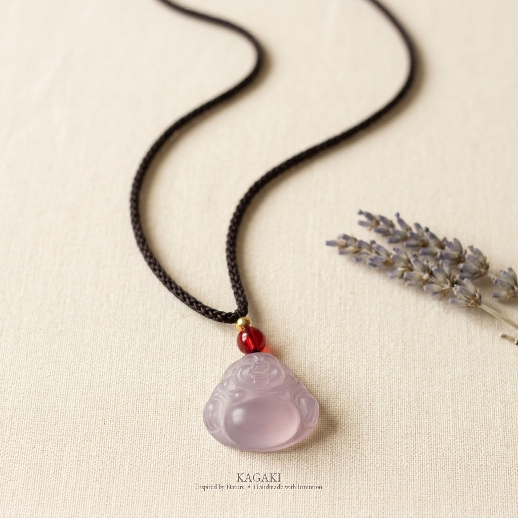 KAGAKI Serene lavender jade buddha pendant necklace, studio styled view, handmade buddha necklace