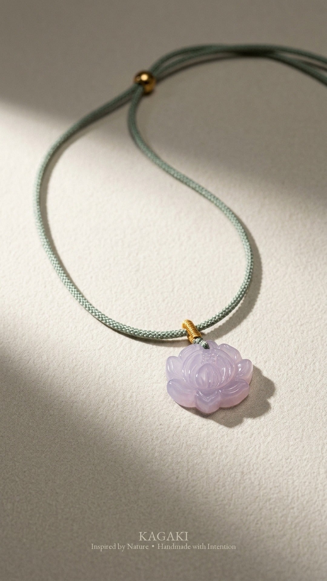KAGAKI Wisteria lavender jade carved flower pendant necklace, editorial vertical, handmade carved jade pendant