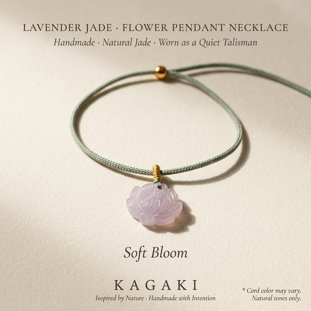 KAGAKI Wisteria lavender jade carved flower pendant necklace, editorial text card, handmade carved jade pendant
