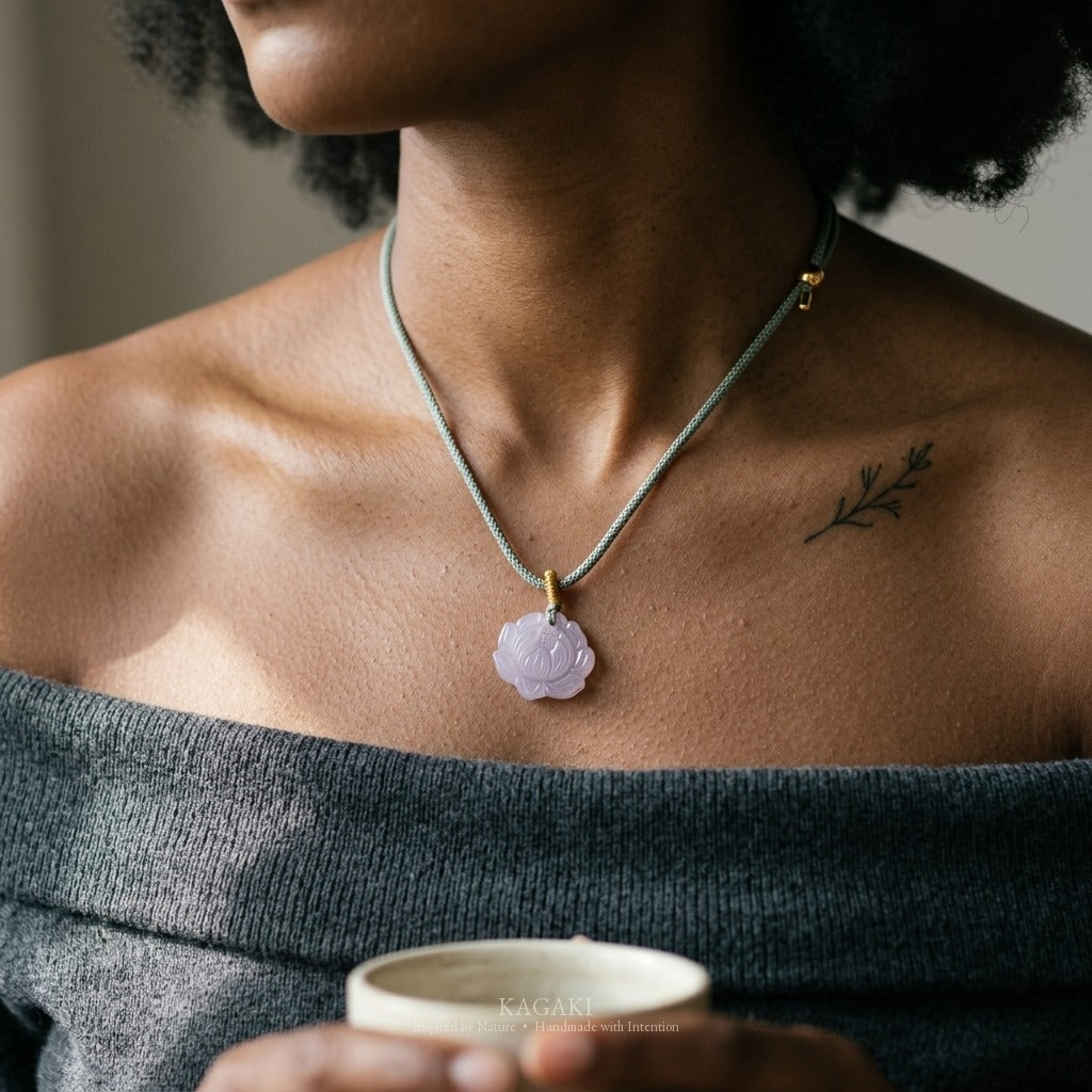 KAGAKI Wisteria lavender jade carved flower pendant necklace, worn view, handmade carved jade pendant