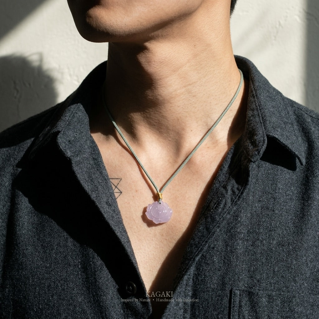 KAGAKI Wisteria lavender jade carved flower pendant necklace, worn view, handmade carved jade pendant