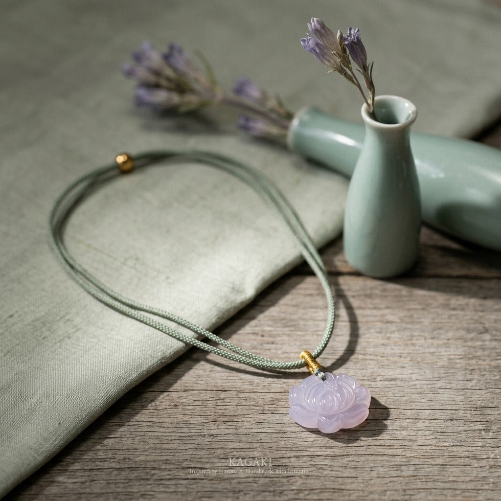 KAGAKI Wisteria lavender jade carved flower pendant necklace, studio styled view, handmade carved jade pendant