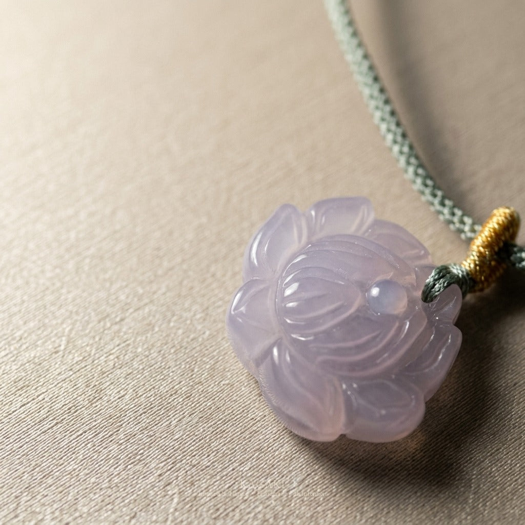 KAGAKI Wisteria lavender jade carved flower pendant necklace, studio styled view, handmade carved jade pendant