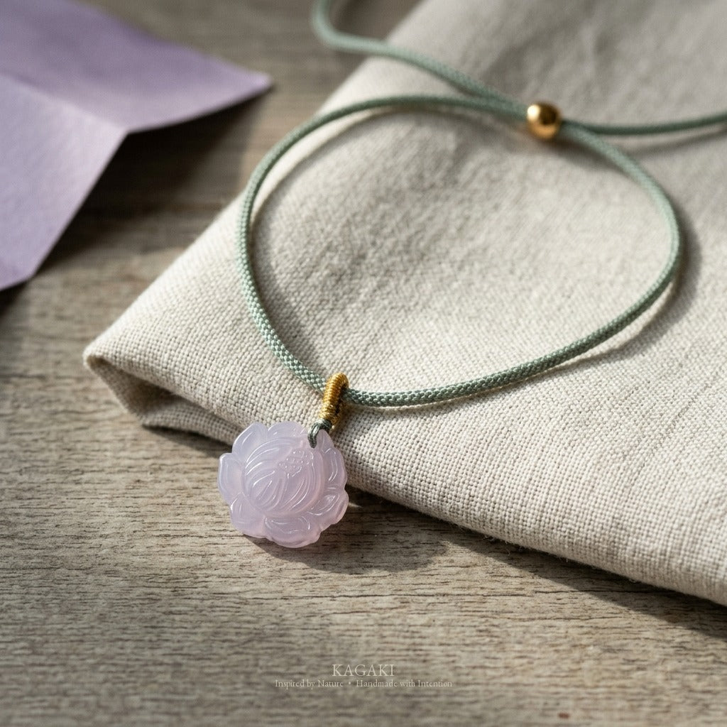 KAGAKI Wisteria lavender jade carved flower pendant necklace, studio styled view, handmade carved jade pendant