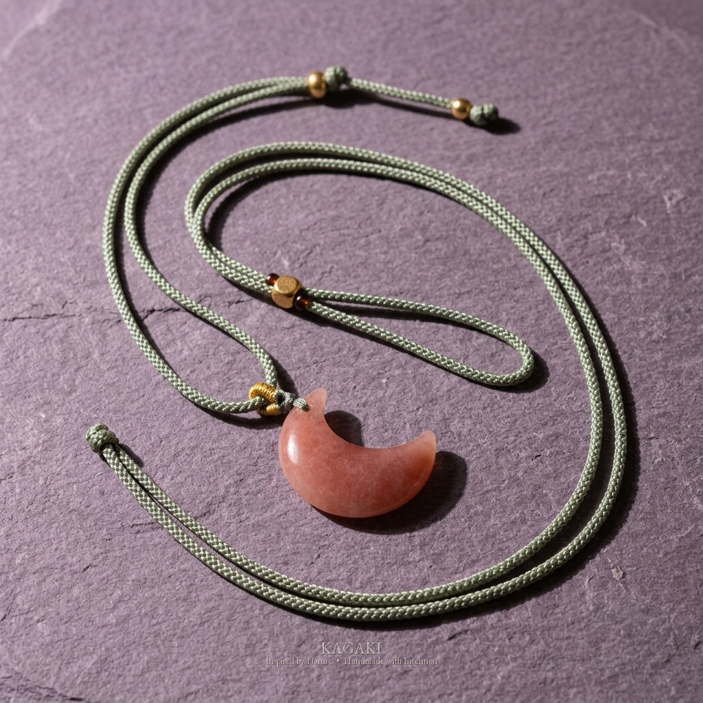 KAGAKI Eve pink jade crescent moon pendant necklace, studio styled view, handmade moon necklace