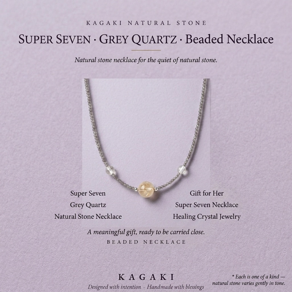 KAGAKI Seven super seven crystal necklace, editorial text card, handmade super seven crystal