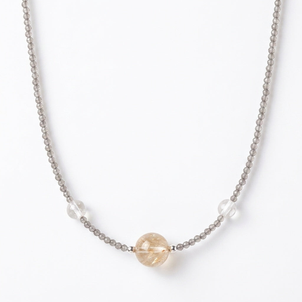 KAGAKI Seven super seven crystal necklace, white background product view, handmade super seven crystal